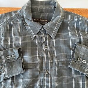 Royal Robbins Button Up Long Sleeve Shirt Green Grey Plaid Rayon Blend Men’s L